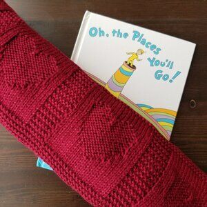 Hand Knit Blanket - Burgundy Hearts